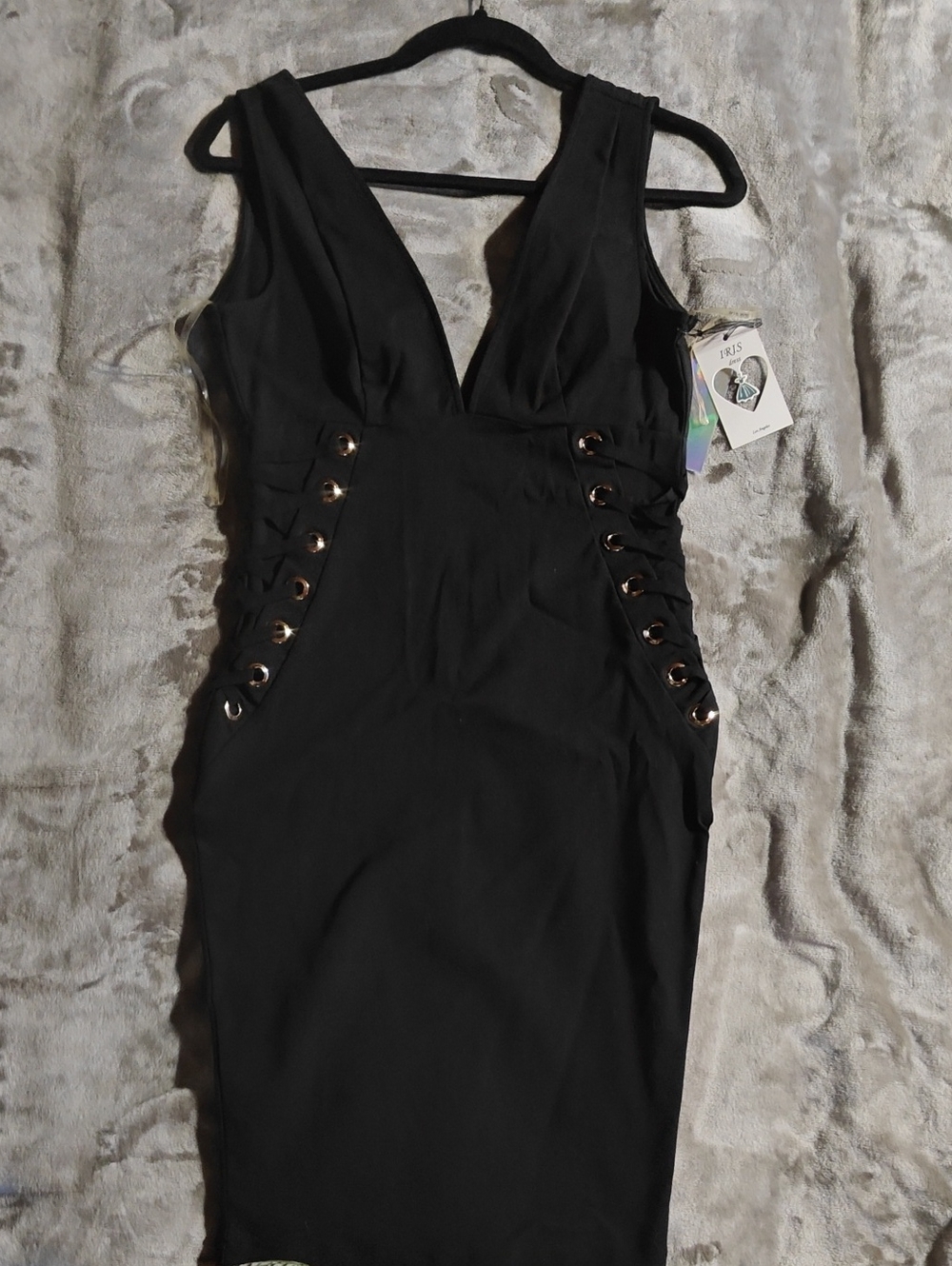 iris Black Plunge Midi Dress with Lace-Up Metal Eyelets